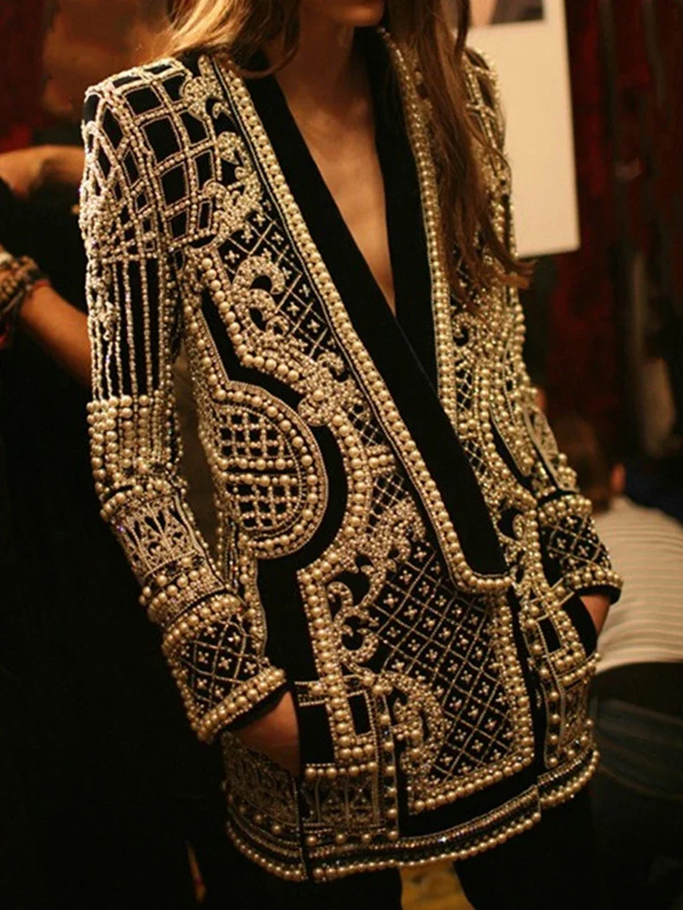 HIGH STREET Newest 2024 Stylish Designer Jacket Women's V-neck Long Sleeve Luxurious Metallic Beaded  Long Blazer