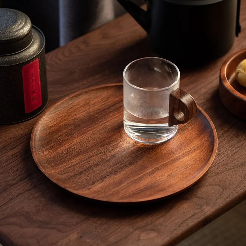 Walnut Wood Round Serving Tray 20x20cm for Fruit Dessert Tea Board Kitchen Use Minimalist Modern Wooden Pallet