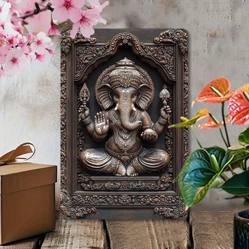 Aluminum Ganesha Wall Art Decor, Weather-Resistant Metal Tin Sign, Hindu Deity Embossed Plaque for Home, Pool, Farmhouse