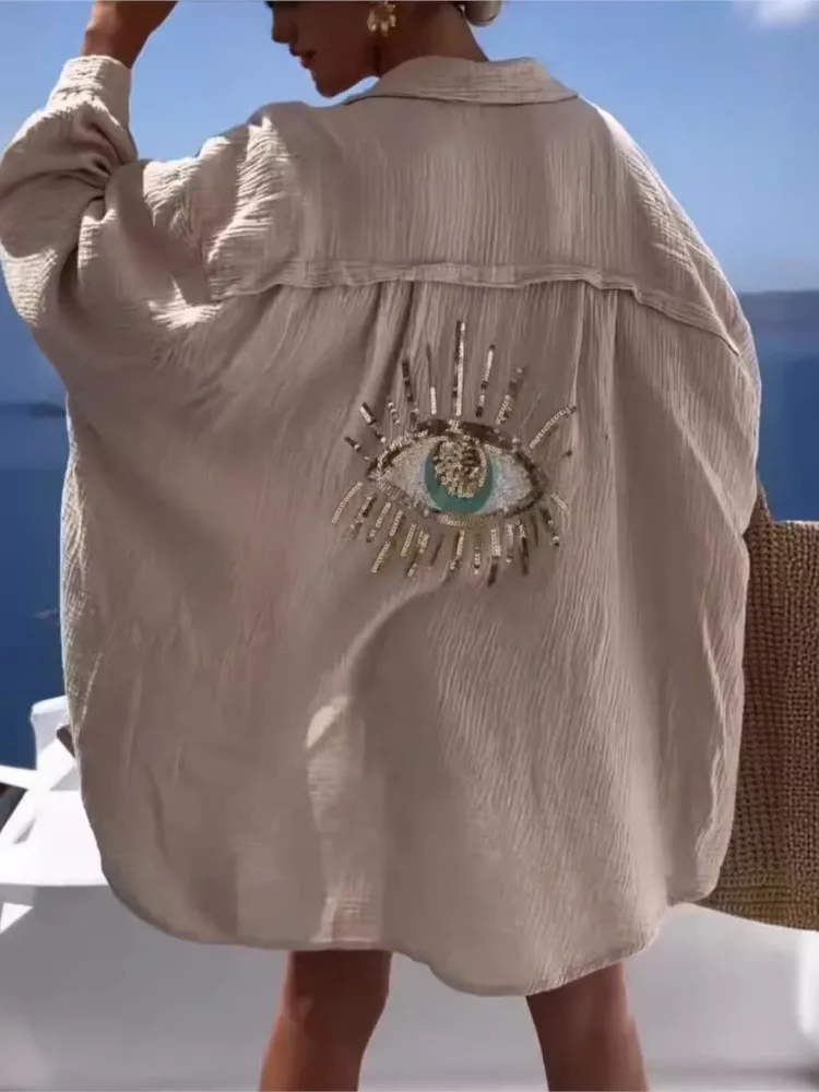 Casual Loose Cotton And Linen Shirt Women Fashion Sequin Pattern Top 2025 Spring Summer Holiday Beach Blouse And Tops Female