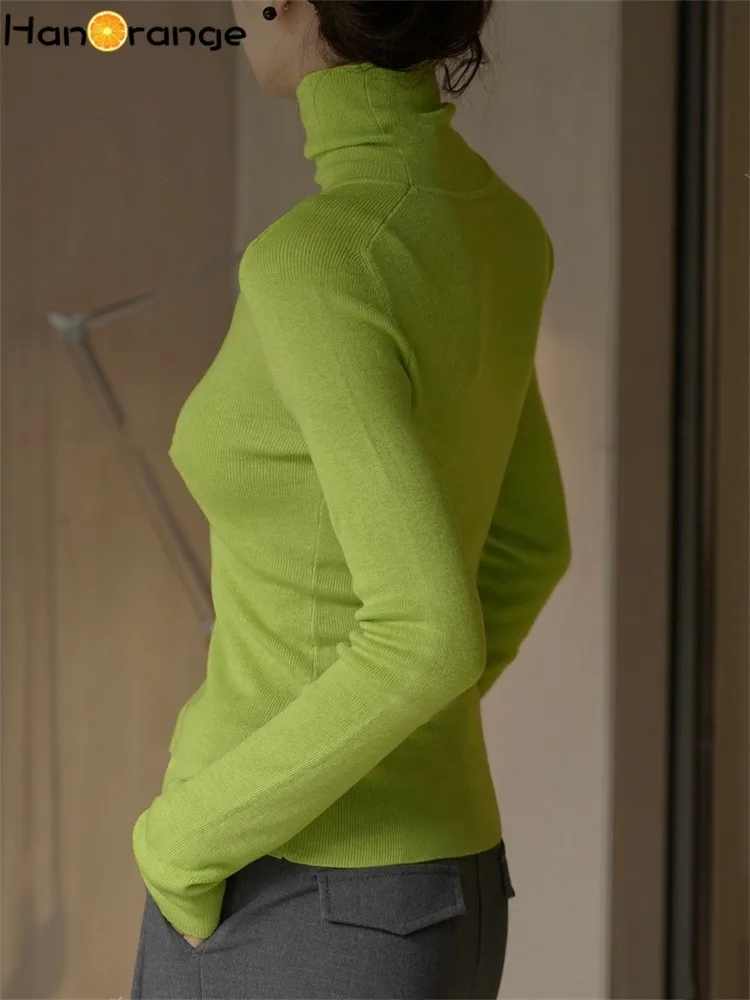 HanOrange 2024 Spring Simple Turtleneck Wool Knitted Shirt Women High Strecth Slim Sweater White/Blue/Fluorescent Green/Oat