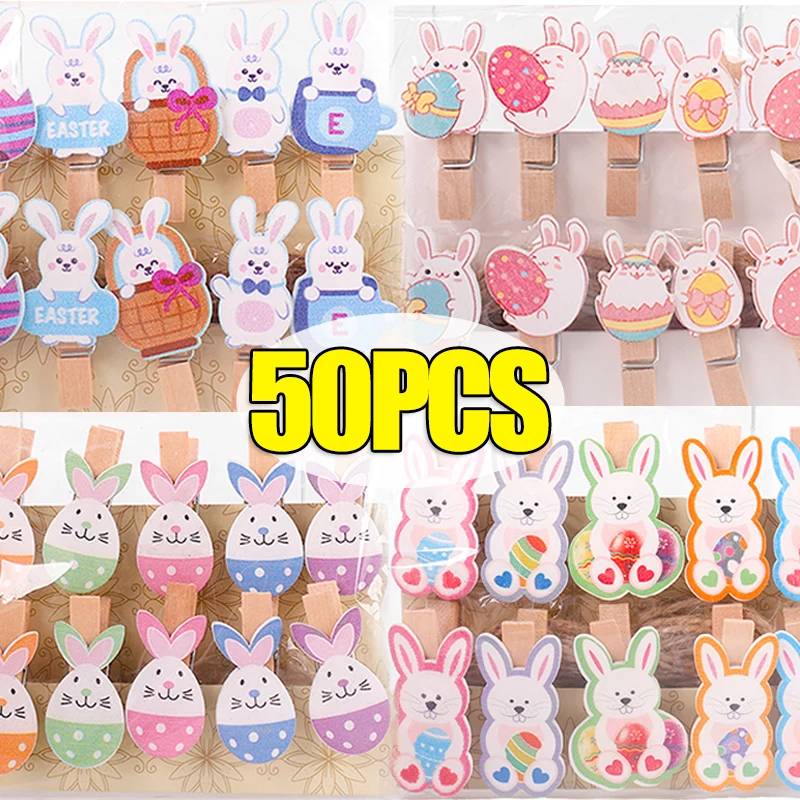 50/1pcs Wooden Photo Clip Easter Bunny Eggs Memo Paper DIY Postcard Clips Art Wall Hang Pictures Pegs Home Clothespin Room Decor