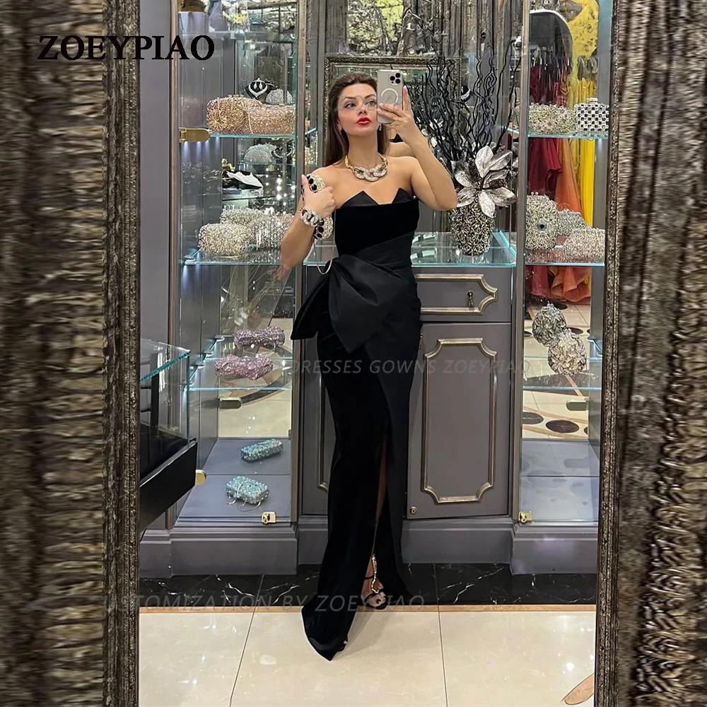 New Design Bow Black Strapless Evening Dress Front Slit Sleeveless Beach Sleeveless  Prom Gown Satin Formal Occasion Dress