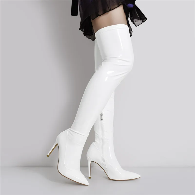 Onlymaker Women Pointed Toe Side Zipper Patent Leather Thin High Heels Concise Sexy Party Over The Knee Spring Autumn  Boots