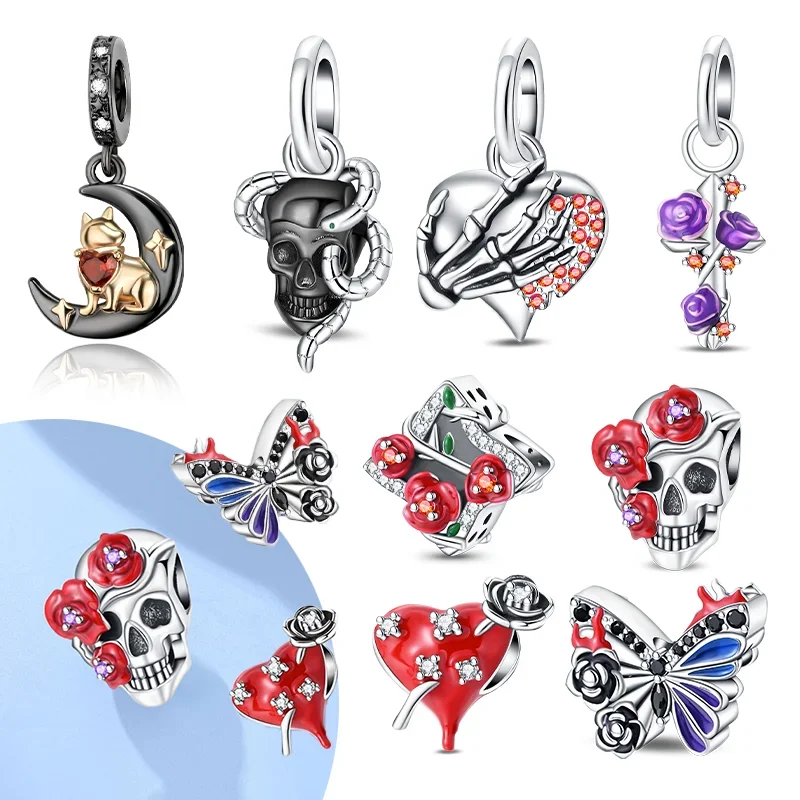 

Серебро 925, розовое сердце, бабочка, очаровательные бусины с черепом на Хэллоуин, подходят для оригинальных браслетов, ювелирные изделия своими руками для женщин, подарок