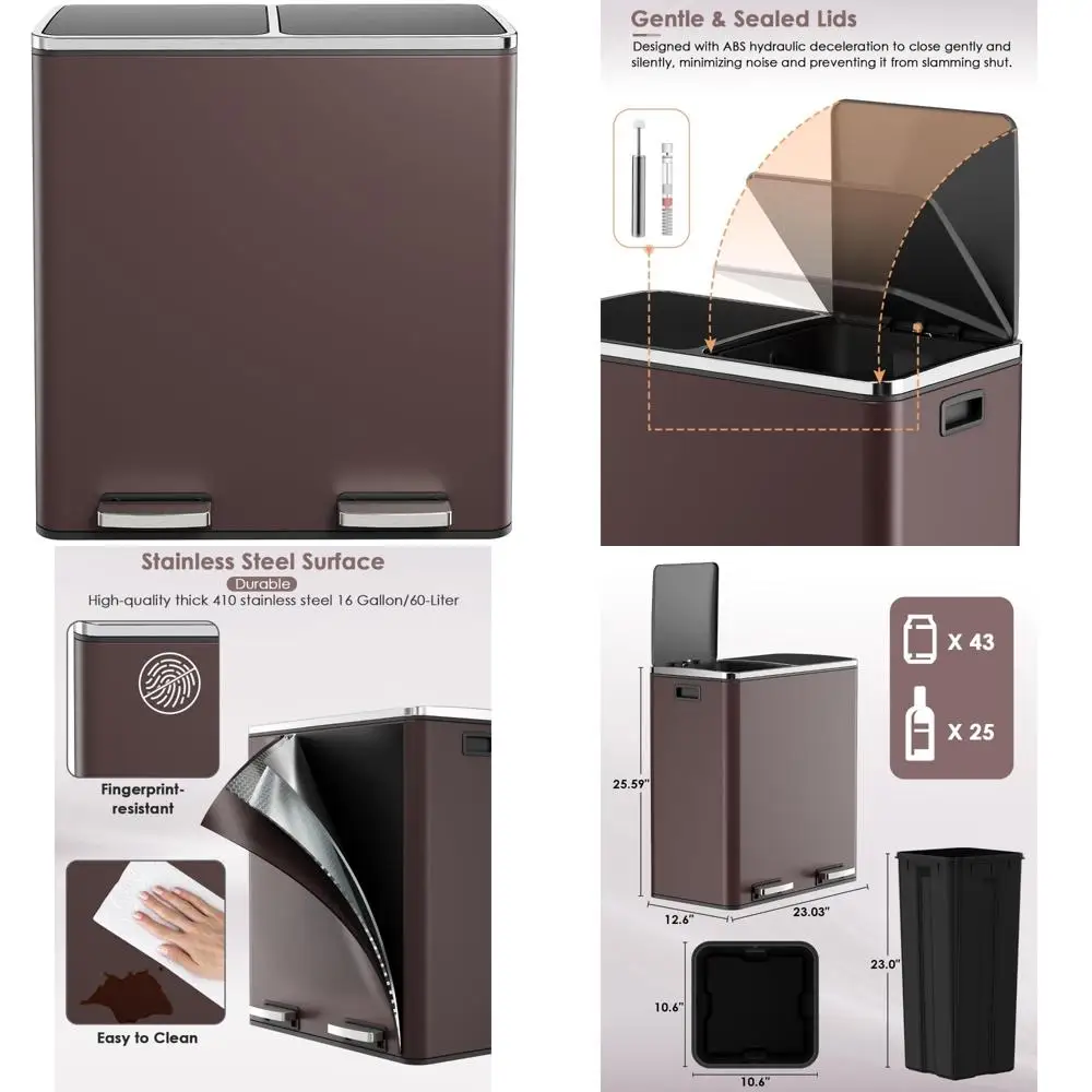 Poubelle de cuisine à double compartiment en acier inoxydable, capacité de 60l pour les déchets et le recyclage, grande poubelle avec Secti séparé