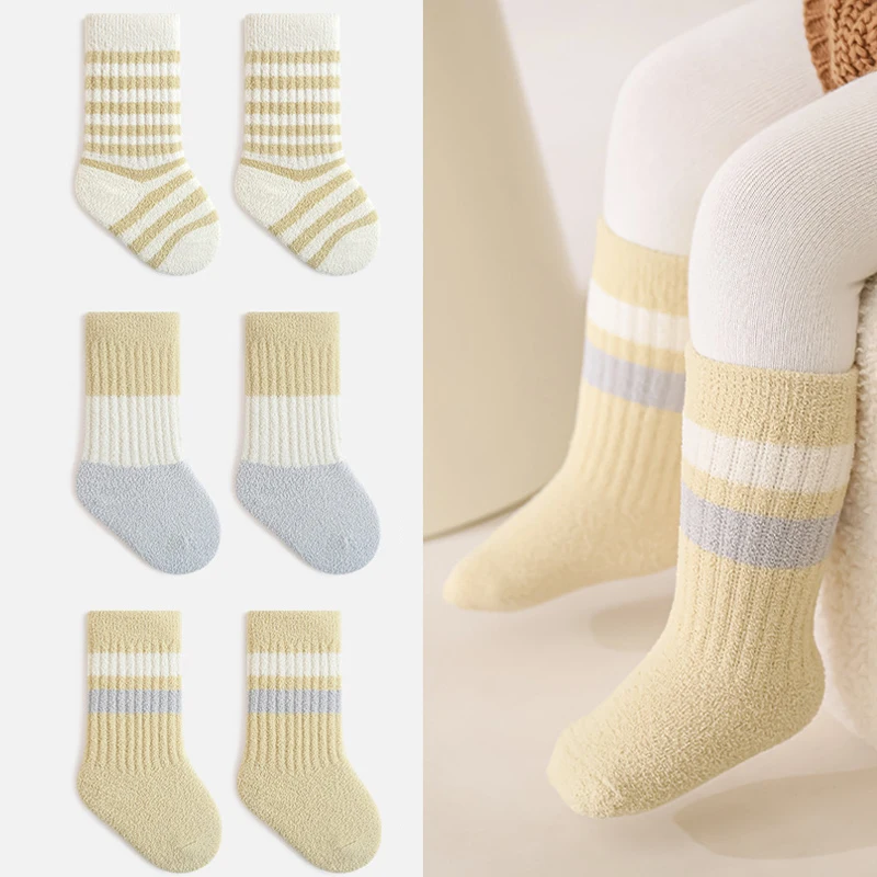 3 Paare/los Baby Socken Winter Dicke Korea Stil Gestreiften Kinder Socken Weiche Warme Neugeborenen Mittleren Rohr Socken Set Für Kinder