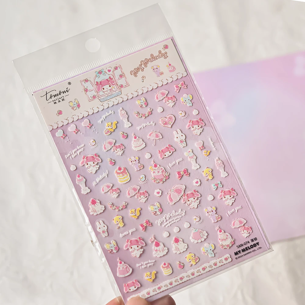 Miniso New Cartoon Sanrio 5D Nail Stickers Nail Supplies Anime Stickers Kawaii Melody Nail Art Decoration DlY Sliders For Nails