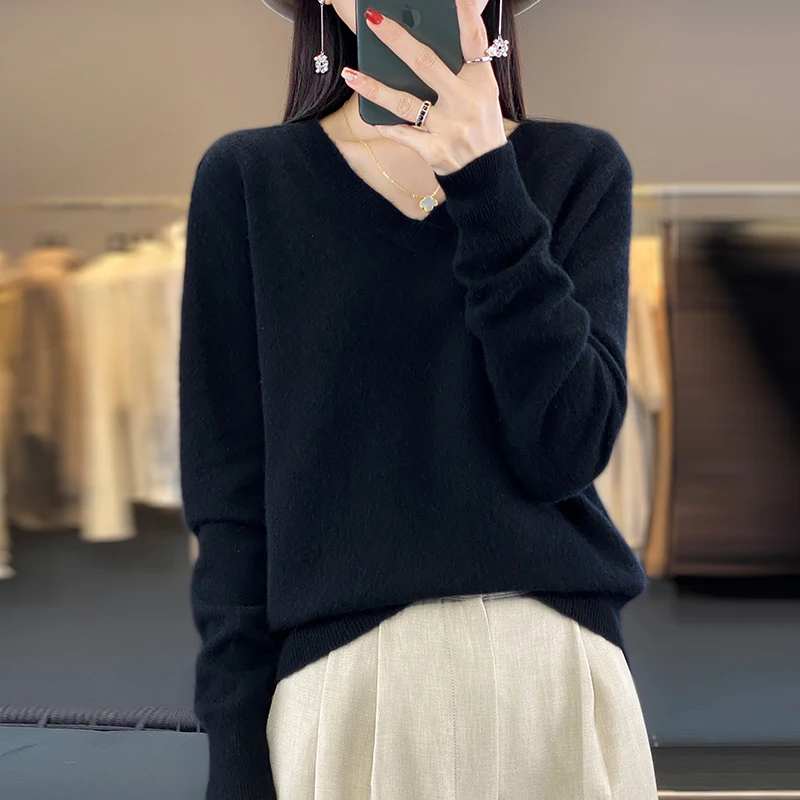 2023 Autumn/Winter New V-neck Loose Women\'s Sweater 100% Woolen Sweater Pullover Long Sleeve Knitted Cashmere Top Sweater