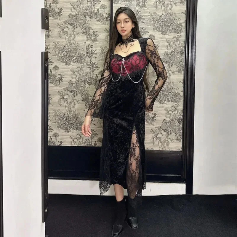 Goth Dark Elegant Women Y2k Lace Maxi Dress Sexy Slim Velvet Splice Split Alt Outfits Fashion Design Festival Long Prom Dresses
