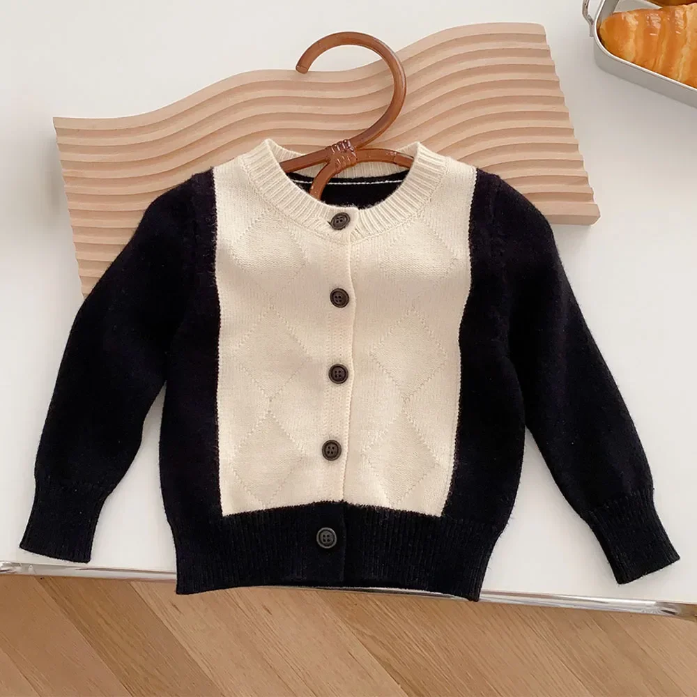 Cardigan de malha patchwork infantil, suéteres infantis, moda masculina, roupas de primavera e outono