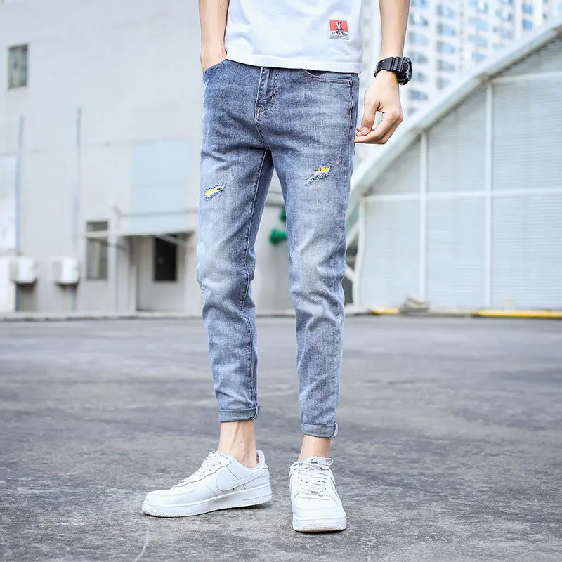 Summer 2022 Korean Teenagers Stretch Slim-fit Jeans Men\'s Ripped Casual Light-colored Brand Ankle Length Pants