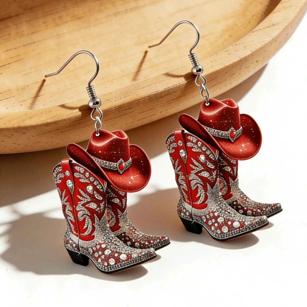 Boho Flat Acrylic Printed 2D Red Cowboy Boot Pendant Earrings for Women Non-Inlaid Printing EffectSuitable for Daily Wear Party