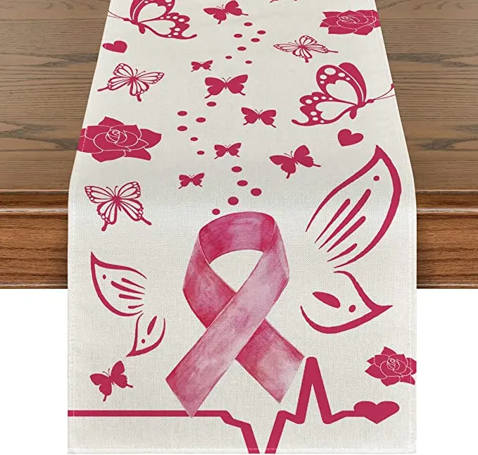 Pink Ribbon Breast Cancer Awareness Table Runner Inspirational Kitchen Table Decor Indoor Outdoor Home Party Decor