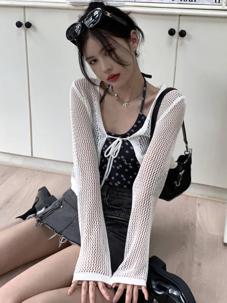 Cardigans Women Sunscreen Thin Summer Knitwear Hollow Out Cropped Casual See-through Streetwear Ins Chic Fashion Loose College