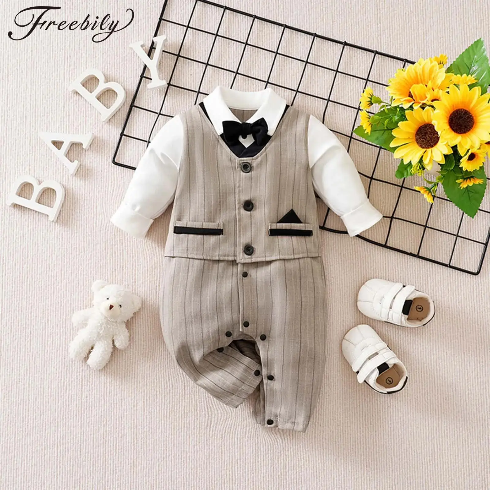 

Формальный костюм джентльмена для маленьких мальчиков, комбинезон с длинными рукавами и галстуком-бабочкой, полосатый боди, детский наряд для свадьбы, дня рождения, крещения