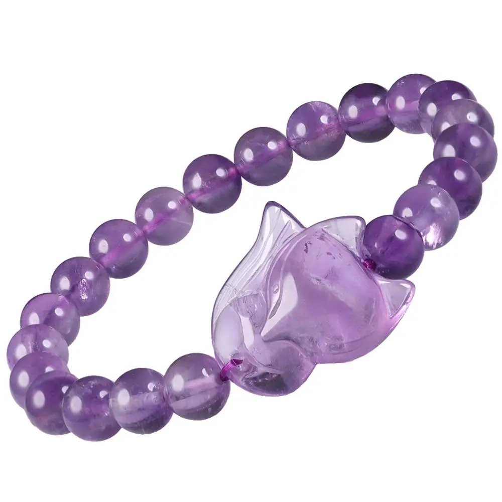 

SUNYIK Natural Amethyst Crystal 8mm Round Beaded Bracelet For Women Gift Hand String with Fox Sculpture Charms Beauty Jewelry