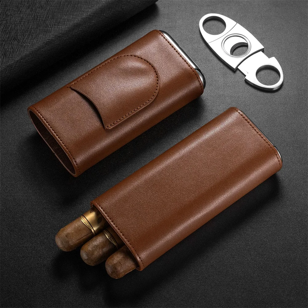 3-pack Cigar Case Portable Leather Holder Box Storage with Stainless Steel Sharp Cigar Cutter Luxury Smoking Accessories CH-24FA