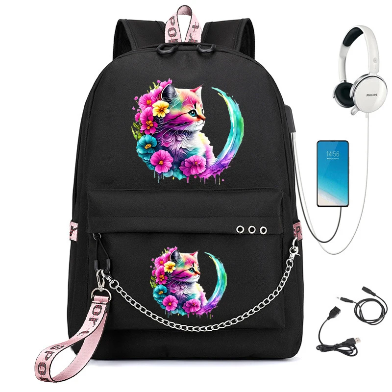 Cute Floral Cat Imprimir Mochila para Meninas Adolescentes, Saco de Escola Primária, Crianças Bookbag, Carregamento USB Bagpacks, Aquarela