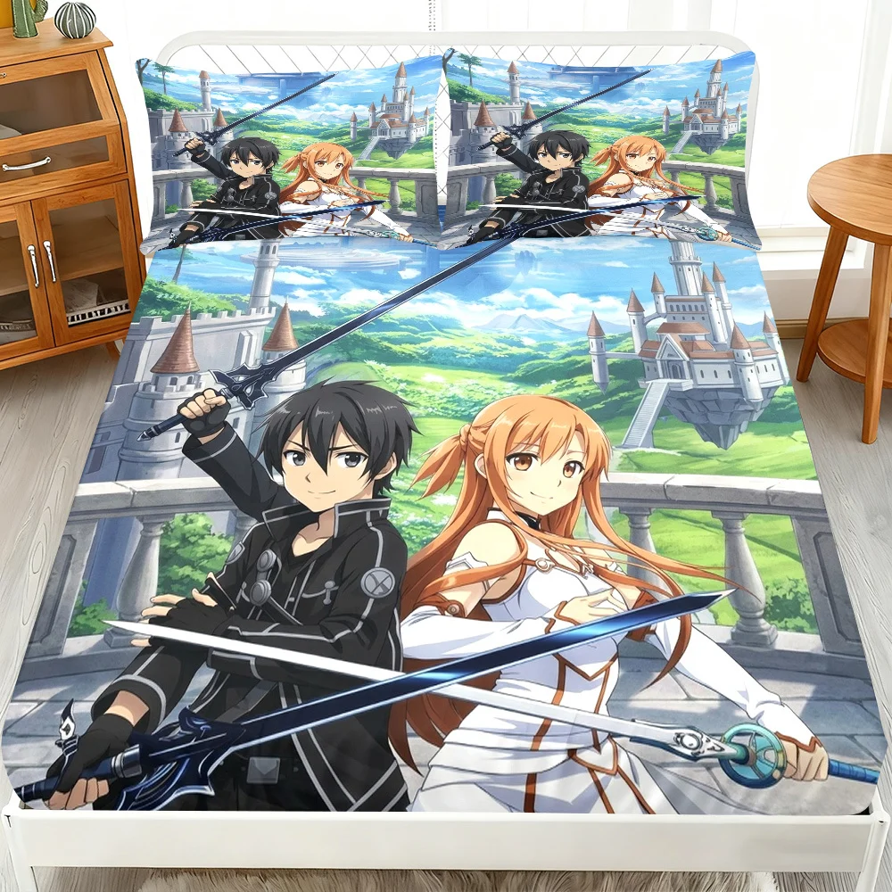 Anime Fantasy Swordsman Bed Sheet Set 2D Digital Print Three-Piece Bedding Set (includes 1 bed sheet + 2 pillowcases) Mattress Protector, Elastic-Fitted Sheet, Protective Cover, Mattress Protector, Fitted Bedding