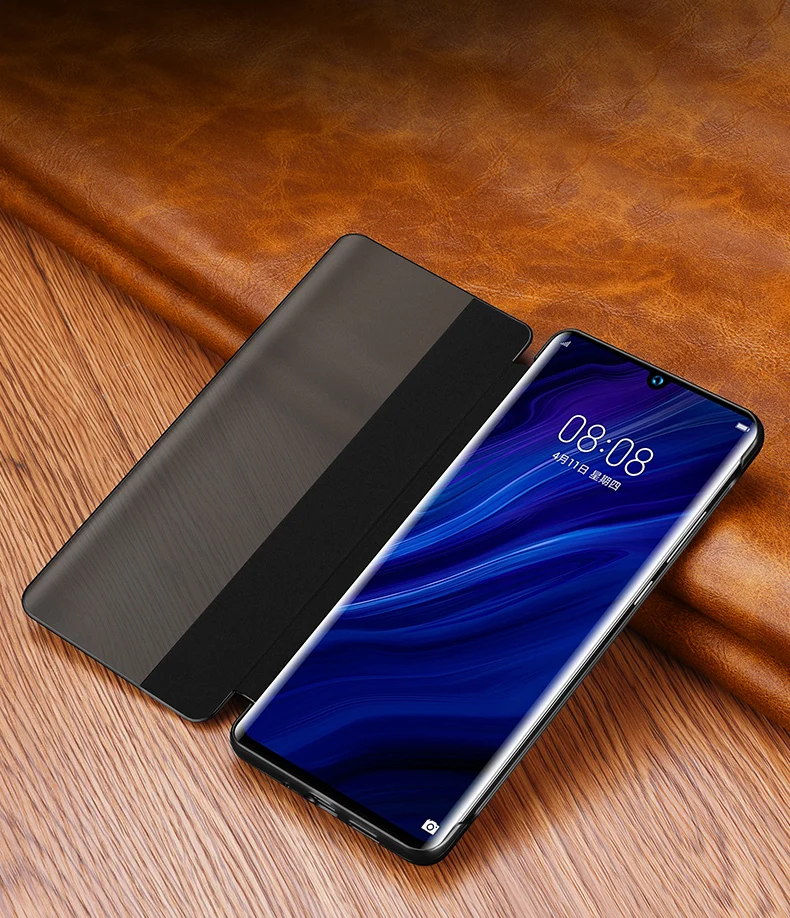 Luxury P30 Smart Case with 3D Crocodile Skin Texture Window View Genuine Leather Case for Huawei P30 PRO Shockproof Flip Case