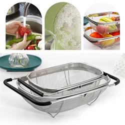 Kitchen Supply Over The Sink Deep Well Oval Stainless Steel Colander Fine Mesh W/ Extendable Handle