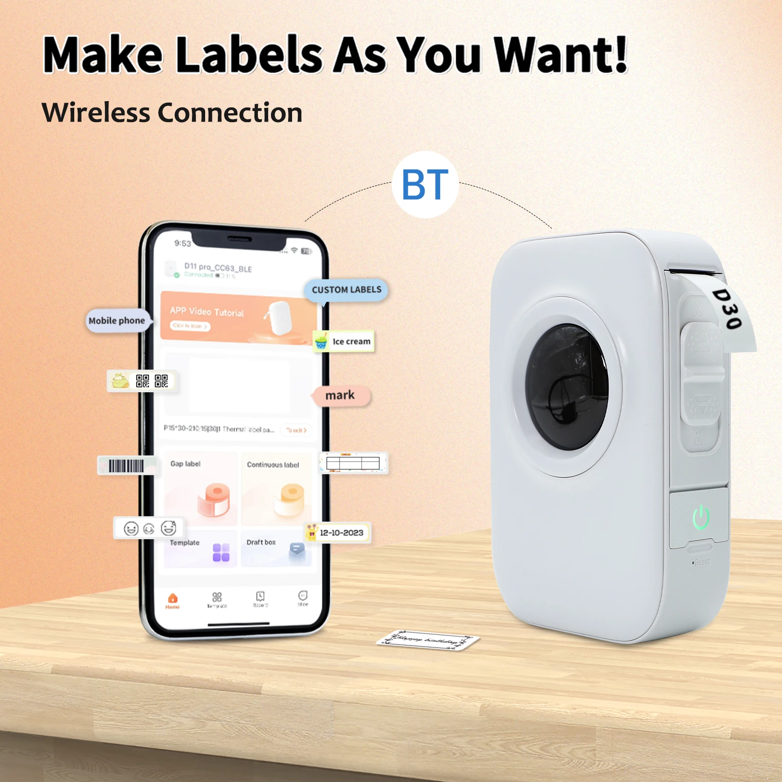D30 Pro Label Printer Pocket Smartphone Label Maker BT Wireless Thermal Printing 203DPI Support 15mm Width Adhesive Tag DIY Date