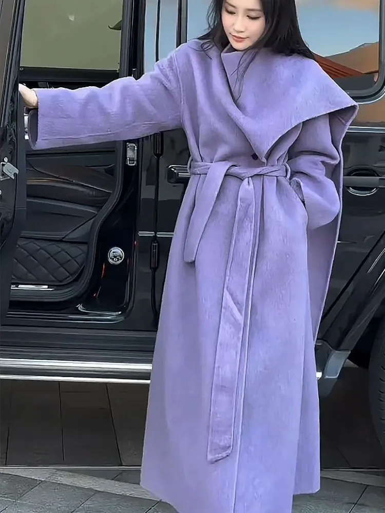 Herfst Winter Vrouwen Wollen Lange Jas Loose Fit Sjerpen Mode Mantel Kantoor Dames Elegante Stand Kraag Windbreakers Overjas