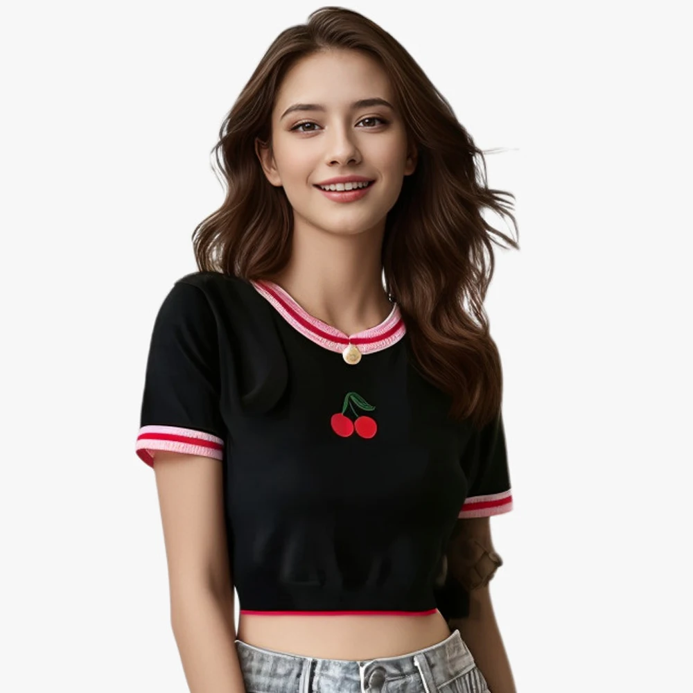 Pearl Diary Summer Contrast Color Stripe Cherry Embroider Top Women Short Round Collar Kuitting T-Shirt Thin Cute Young Girl Top