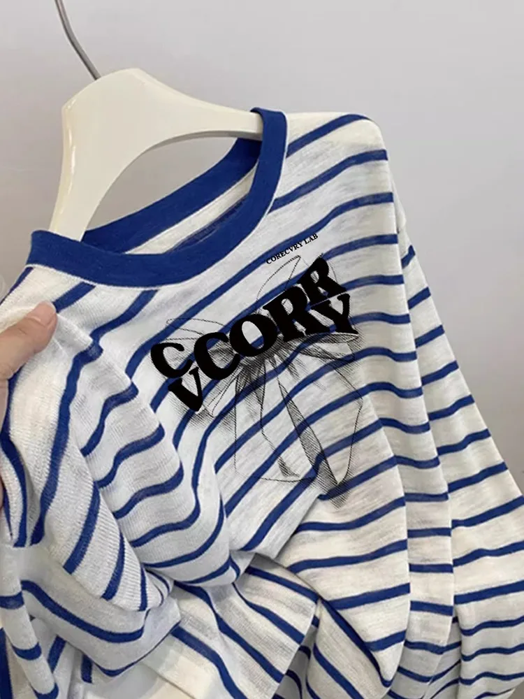 Lente zomer blauw gestreept lang Sve dames T-shirt rond Ne Faionable zonnebrandcrème airconditioning cover-up top