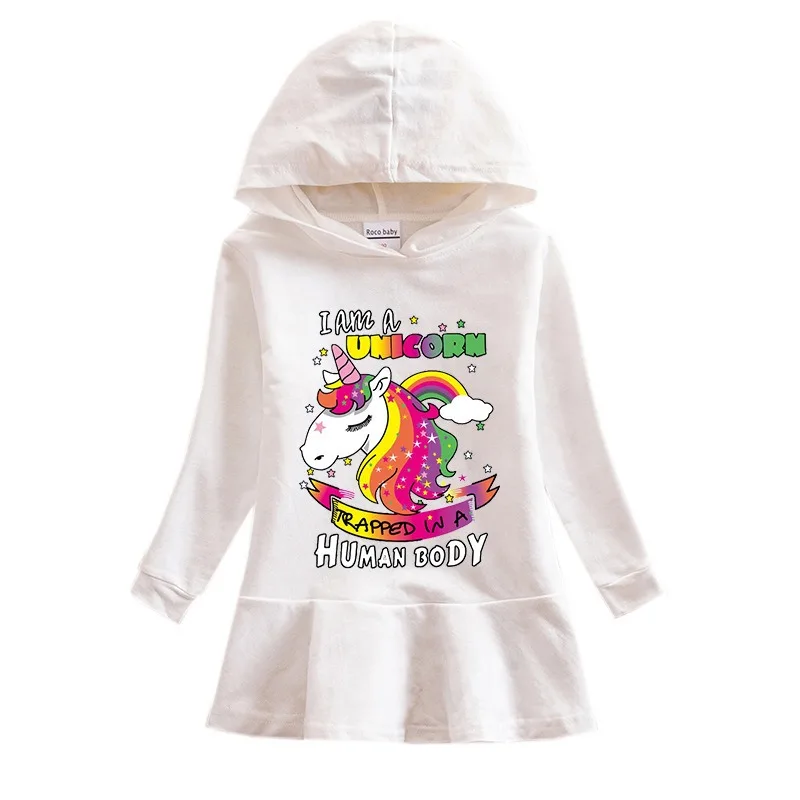 Unicorn Girls Dress Cotton Clothes 2024 New Autumn Kids Dresses for Children Birthday Party Costume Hooded Fashion 2-8T