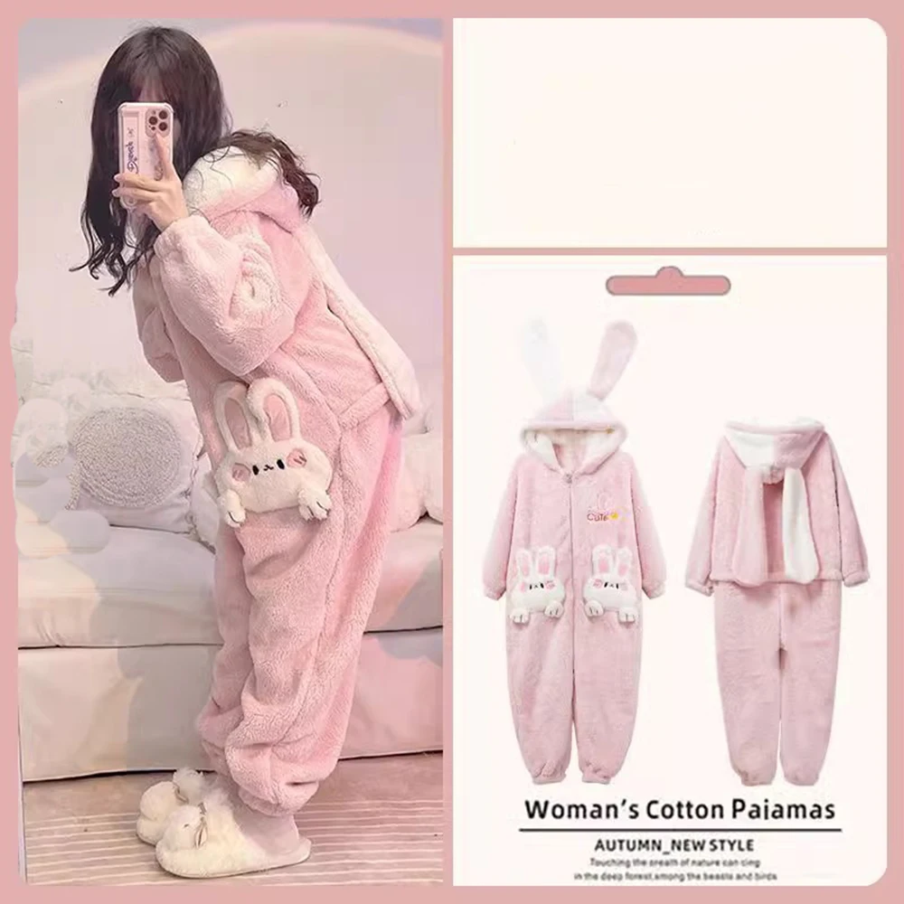 Thick Warm Flannel Winter Adult Animal Onesie Pajamas Pink Rabbit Sweet Lovely Women Cosplay Costume Sleepwear One-Piece Pyjamas
