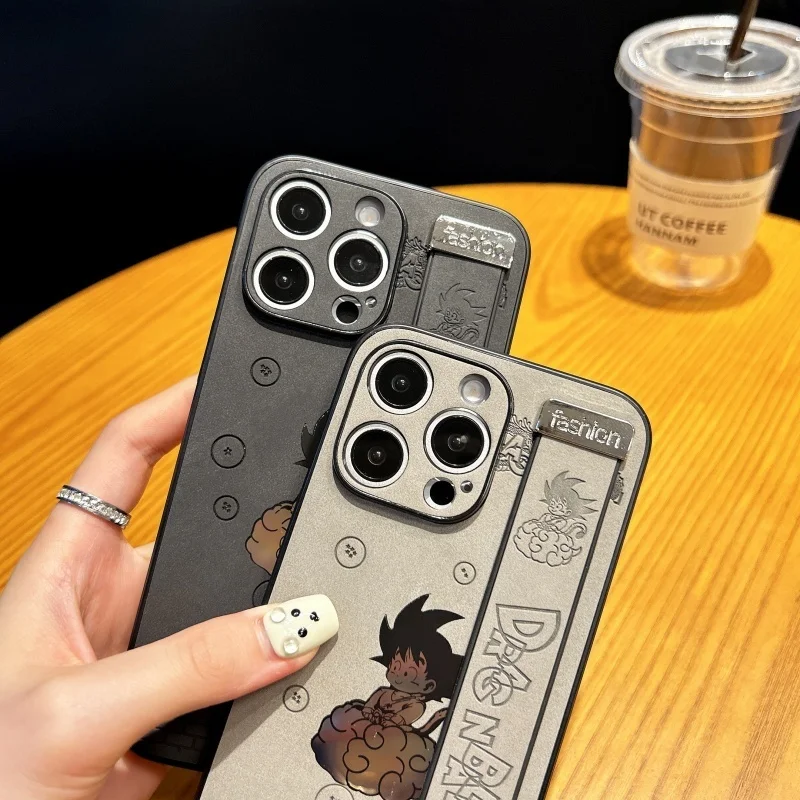 

Luxury Emboss Leather Cute Dragon Ball Son Goku With Wristband Phone Case For iPhone 11 12 13 14 15 16 17 Pro Max Plus Cover﻿