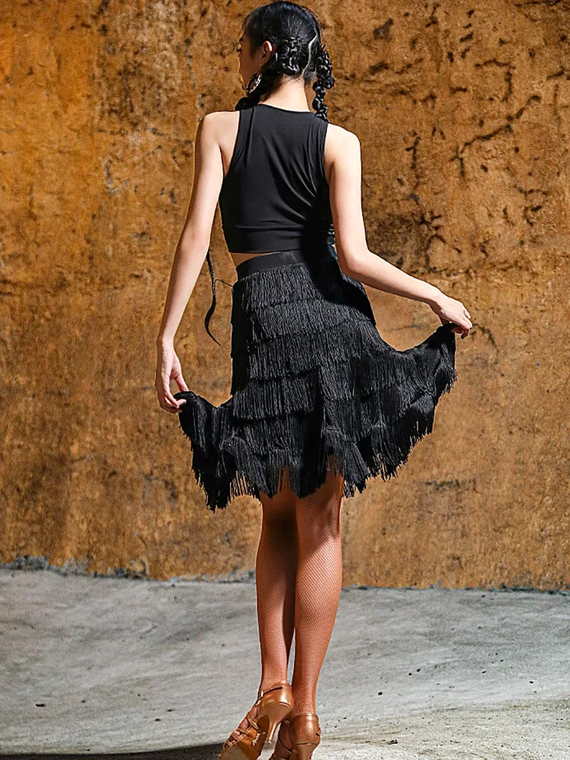 Nappe di crittografia multistrato nere da donna Gonna da ballo latino Sala da ballo Rumba Samba Dancewear Training Cha Cha Performance Costume