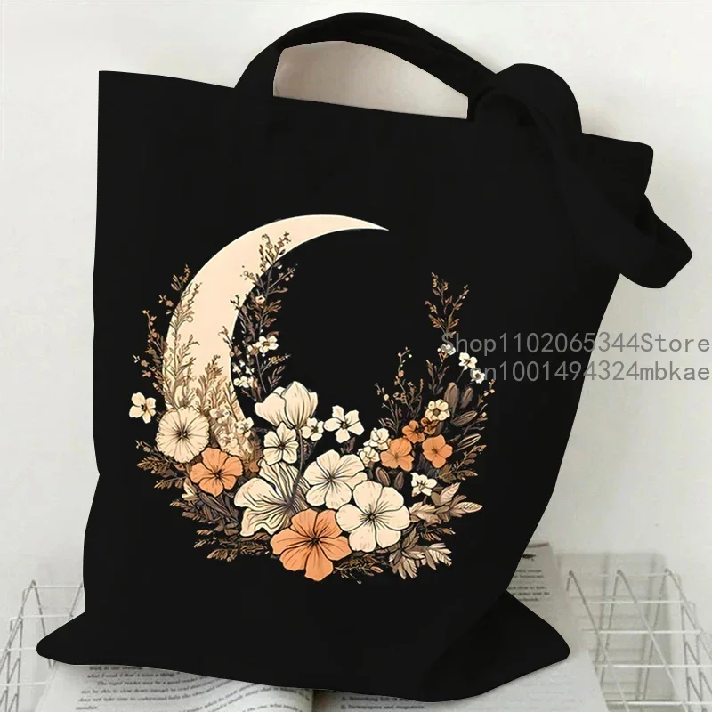 Floral Moon Women Shopping Tote Bags Canvas Large Capacity Student Casual Plant Style Shoulder Bag Wild Flower Women Handbags