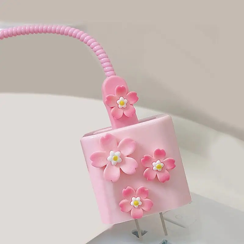New Pink Flower Charger Cable Protector For iPhone 18W20W Charger Protector Data Line Spiral Winder Protective
