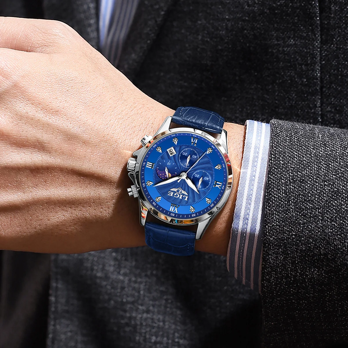 LIGE New Leather Strap Men's Watch Fashion Moon Phase Luminous Business Quartz Watches Waterproof Date Chronograph Man Watch