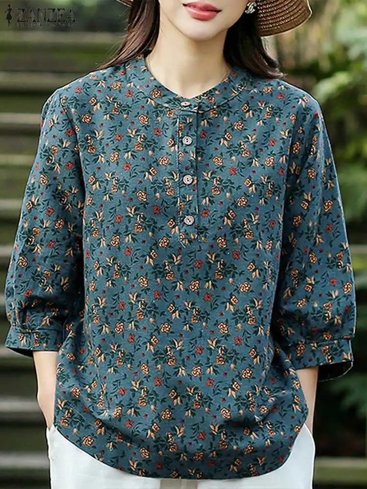 ZANZEA Fashion Floral Printed Blouse Summer 3/4 Sleeve O Neck Shirt Female Elegant Loose Tunic Tops Bohemian Holiday  Chemise