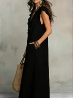 Women's Retro Bohemian Ruffle Linen Maxi Dress, Ruffle V-Neck Sleeveless Loose Summer Dress with Pockets, Summer Casual High-Waist Loose Beach Maxi Dress, Sunny Dress with Flutter Sleeves and Floor-Length Skirt - Image 3