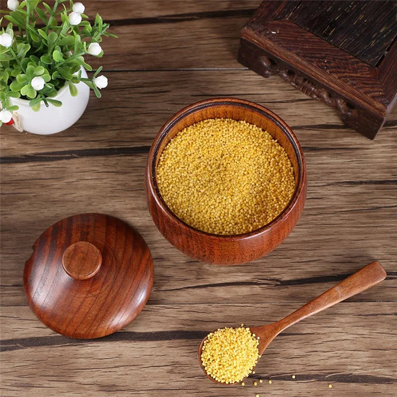 

ABJO-2PCS Wood Salt Bowl Salt Container Spice Jar Salt And Pepper Bowls Seasoning Box For Kitchen Naturally Wood Dark Brown