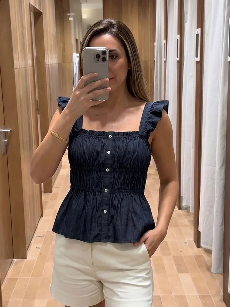 HH Women Summer Elegant Chambray Peplum Blouse Square Neck Ruffle Straps Button Down Smocked Waist Slim For Holiday Party Wear