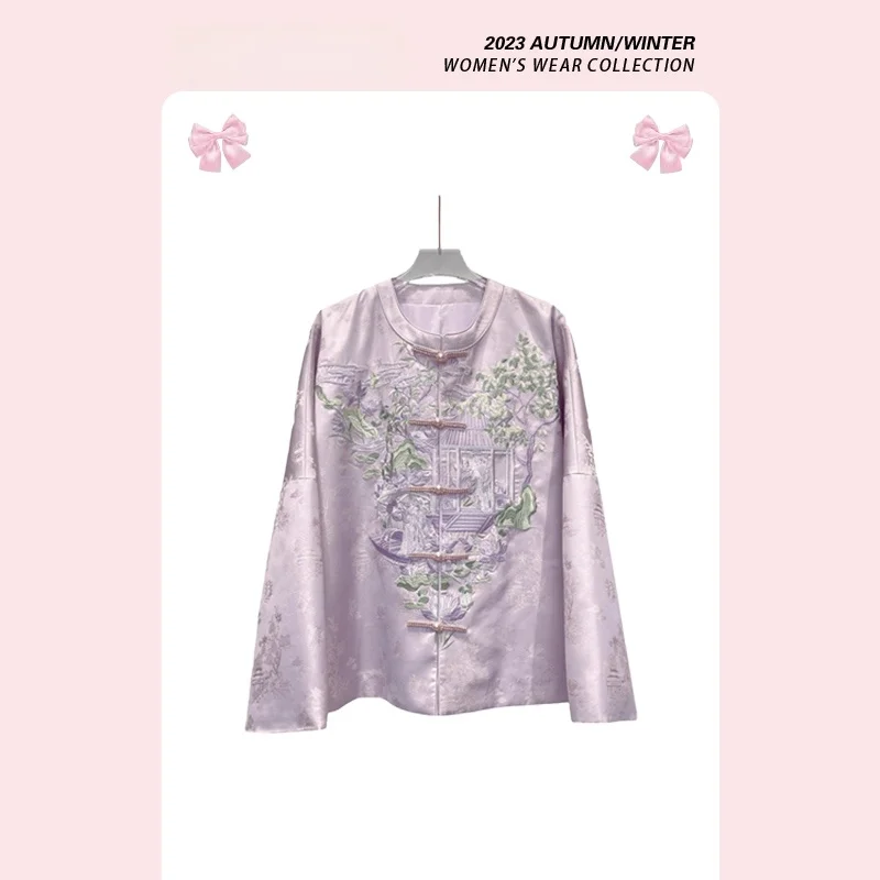 

Forever 21 Chinese Style Women's Jacket Winter New Design Song Jin Embroidery Button A-Line Sleeve Long Coat for Ladies