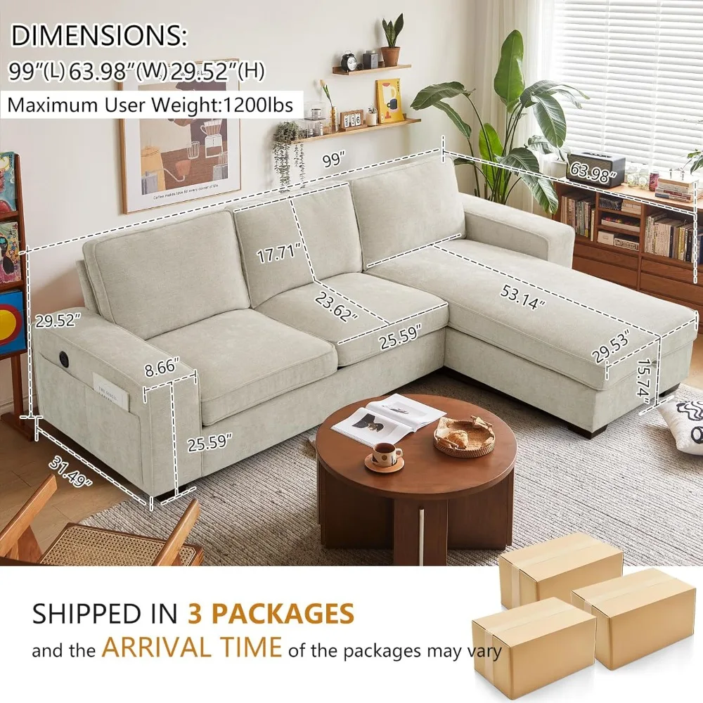 Sofá secional conversível, sofá em forma de L, sofá reversível multifuncional com USB