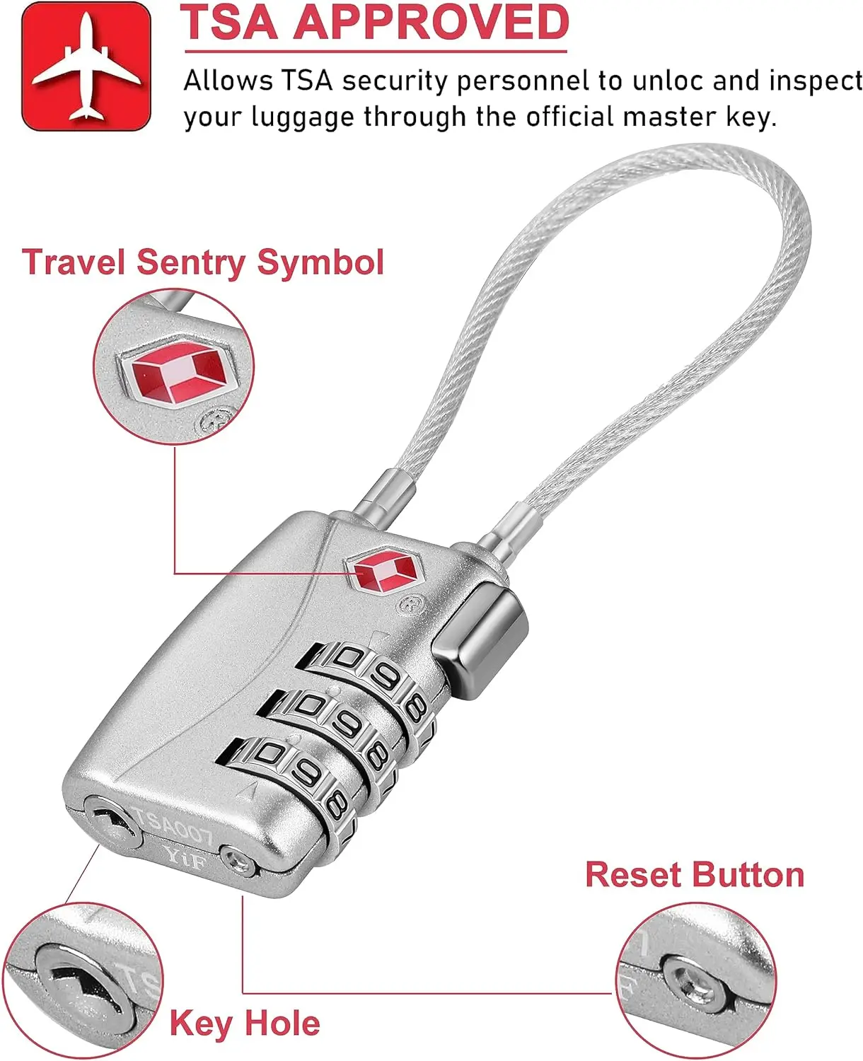 3 Digit Combination Cable Lock, TSA Lock for Luggage, Travel Padlock, with Alloy Body for Suitcase, Baggage, School, Gym