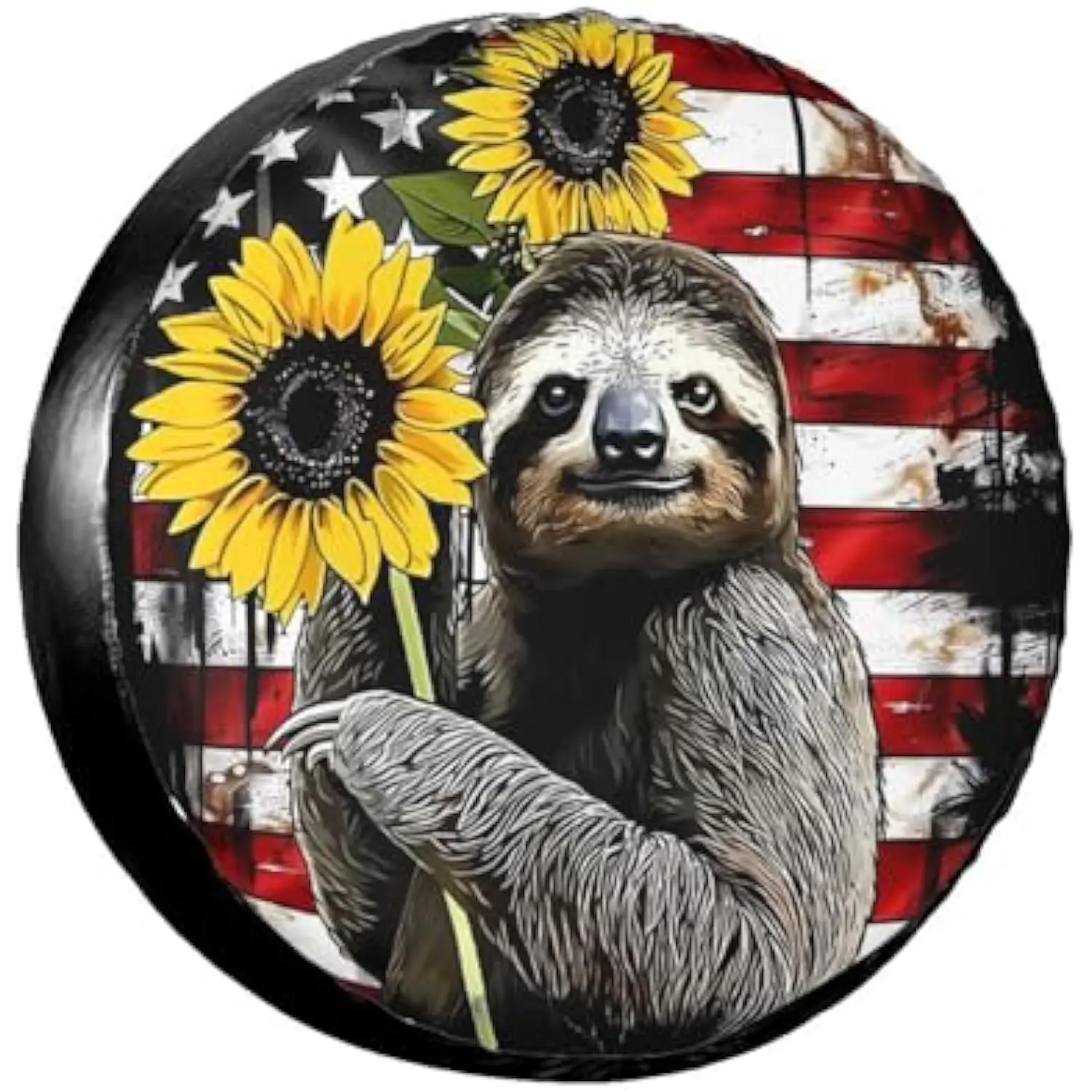 Sloth Sunflower American Flag Spare Tire Cover Polyester Fiber Waterproof Wheel Protector Universal Fit for RV Trailer Camper