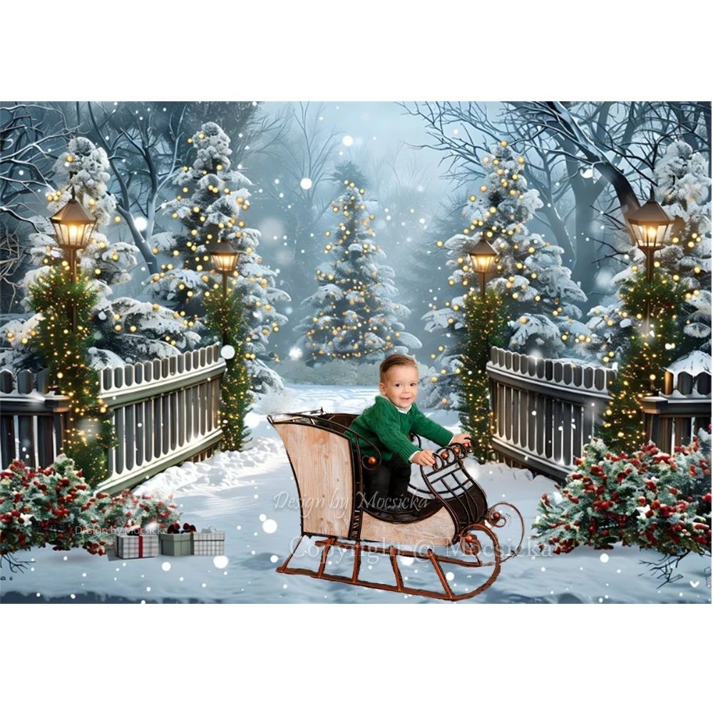 Winter Snow Floor Photography Background Shiny Christmas Tree Fence Backdrop Decor Family Photo Kid Cake Smash Photographic Prop