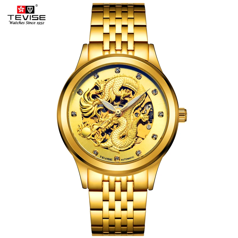 T9006 Dragon TEVISE reloj totalmente automático para hombre, pulsera de acero de negocios, reloj mecánico luminoso