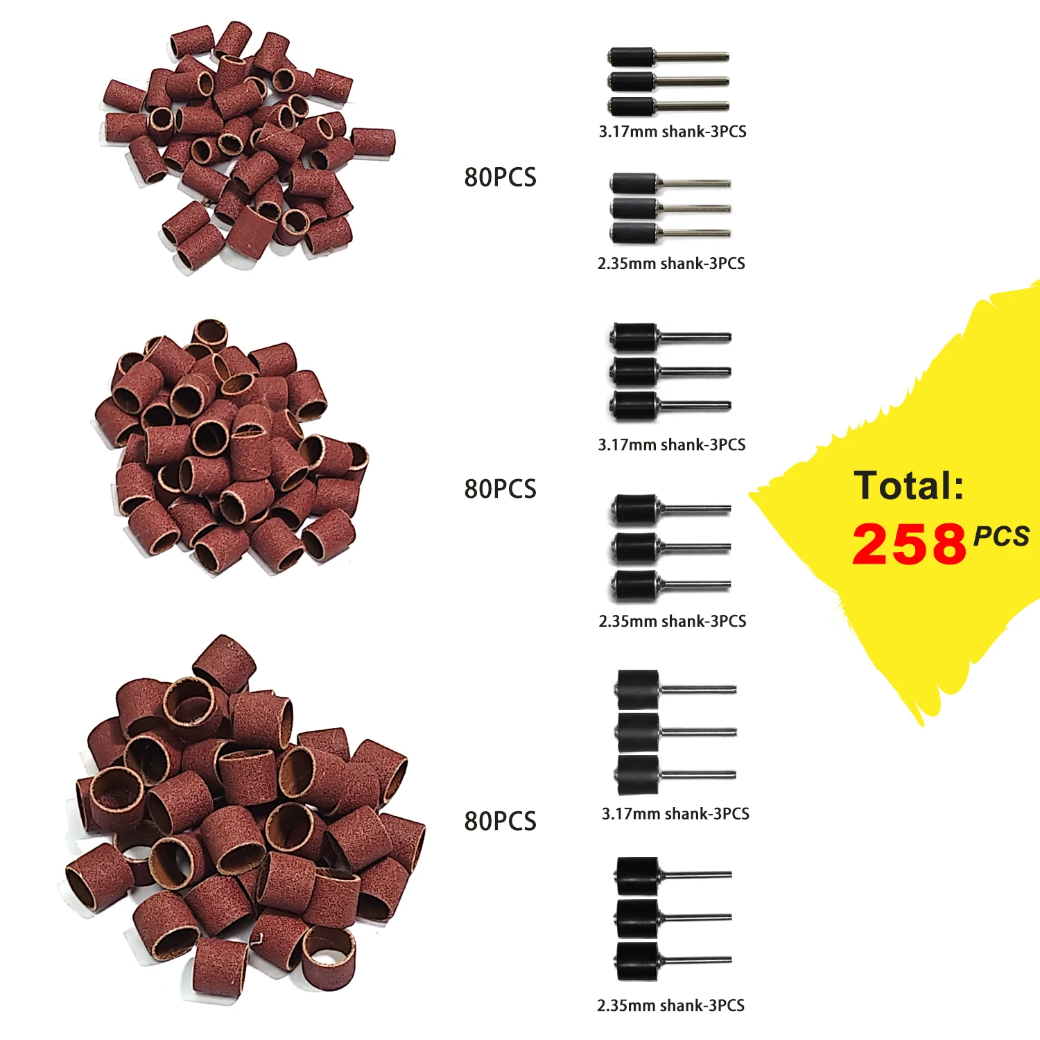 Sanding Drum Kit 258pcs Sanding Bands 180 Grit with 2.35mm 3.17mm Sanding Band Mandrel For Dremel Rotary Tools Polishing