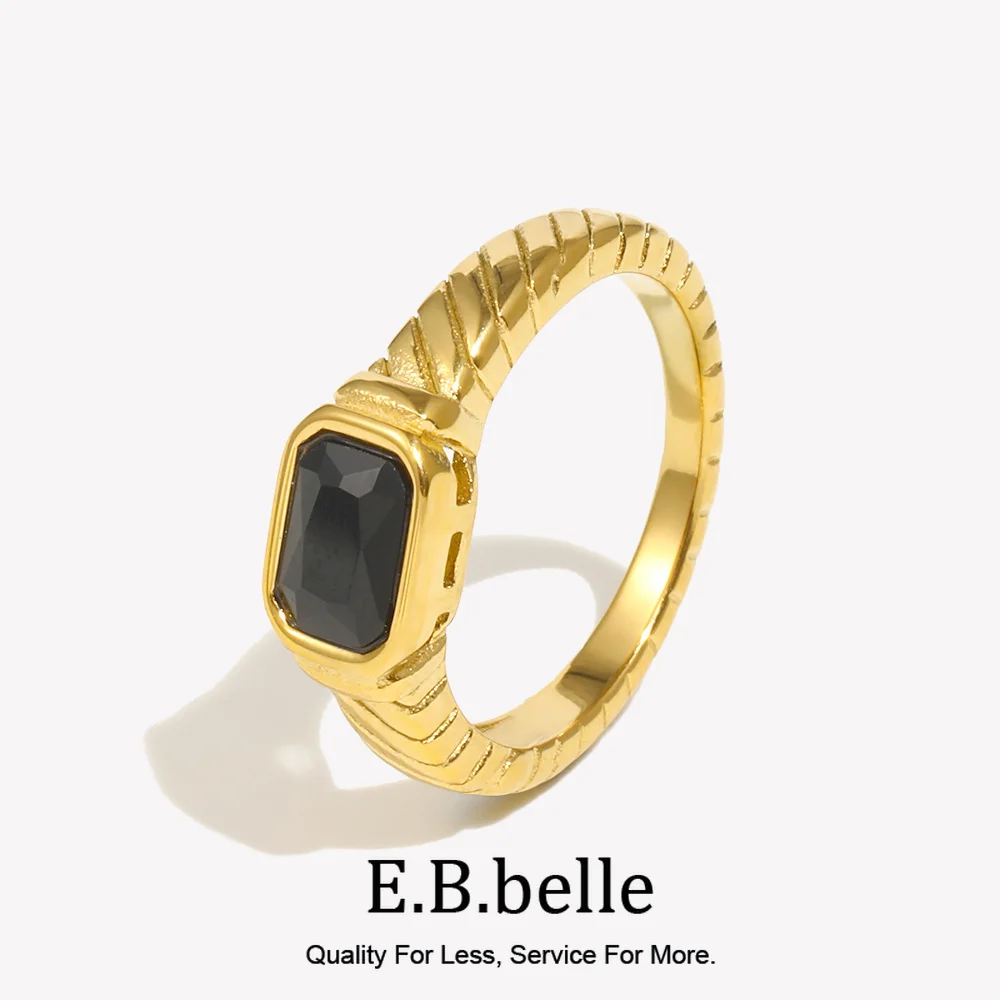 E.B.belle Minimalistyczny Podstawowy Kwadratowy Geometryczny Czarny Pierścionek Stal Nierdzewna PVD Pozłacany 18K Wodoodporna Biżuteria Damska