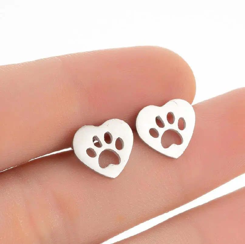 1 Pair Lovely Dog Paw Earrings for Women Chidren Fashion Stainless Steel Animal Love Heart Footprint Ear Studs Wholesale